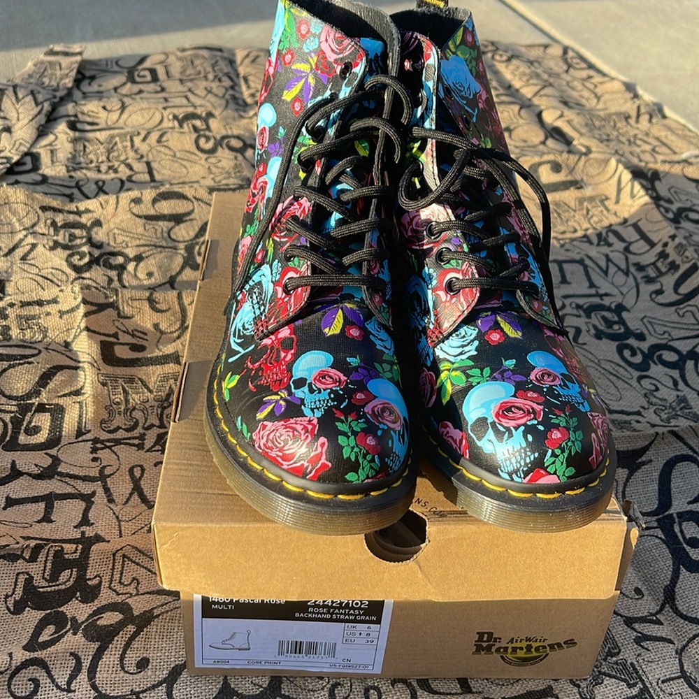 Dr. Martens Floral Combat Boots in Black with Blue and Pink Roses - Picture 3 of 5